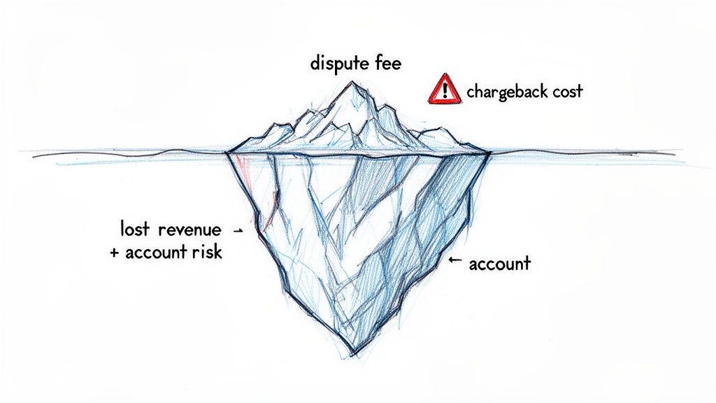 An iceberg diagram illustrates the hidden costs of chargebacks, with dispute fees visible above water and lost revenue and account risk hidden below.