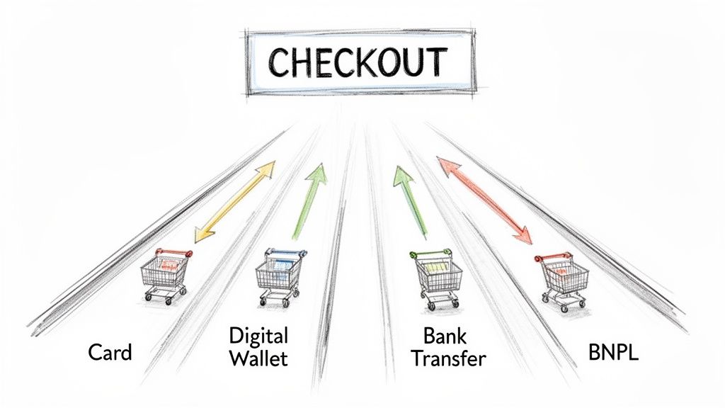 Four distinct payment methods (Card, Digital Wallet, Bank Transfer, BNPL) converge at checkout.