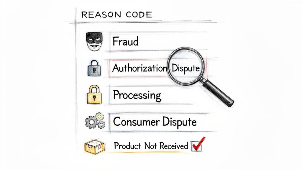 A list of reason codes for transaction disputes: Fraud, Authorization Dispute (magnified), Processing, Consumer Dispute, and Product Not Received.