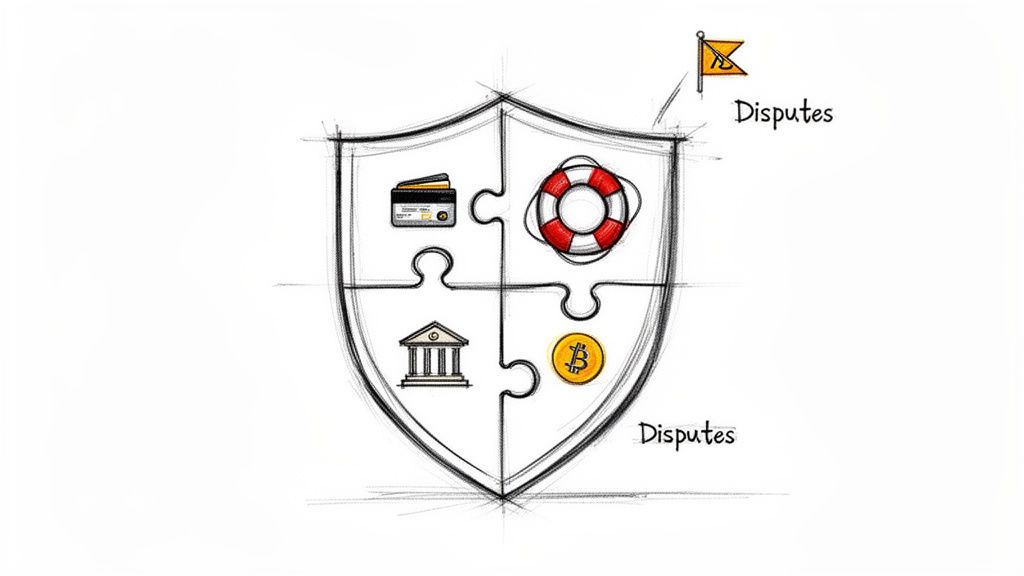A shield graphic with puzzle pieces showing credit cards, bank, Bitcoin, life preserver, and 'Disputes' text.