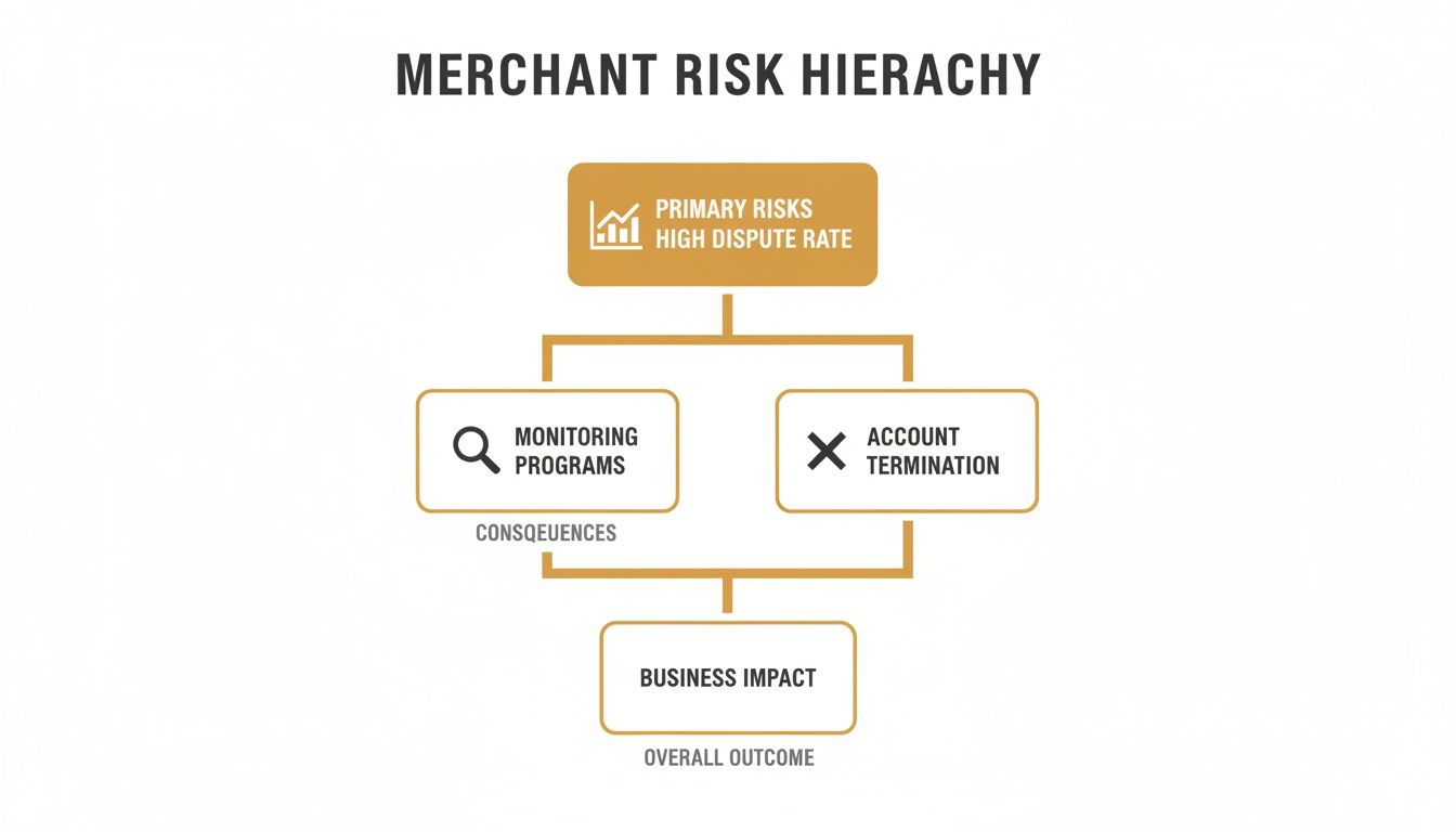 Flowchart illustrating merchant risk hierarchy, showing high dispute rates leading to monitoring programs or account termination, resulting in business impact.