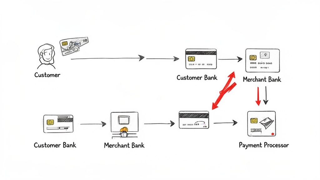 A flowchart illustrates a credit card transaction process involving customer, banks, and payment processor, with chargeback arrows.