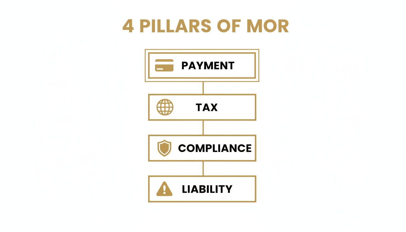 Visual illustrating the four essential pillars of Merchant of Record: payment, tax, compliance, liability.