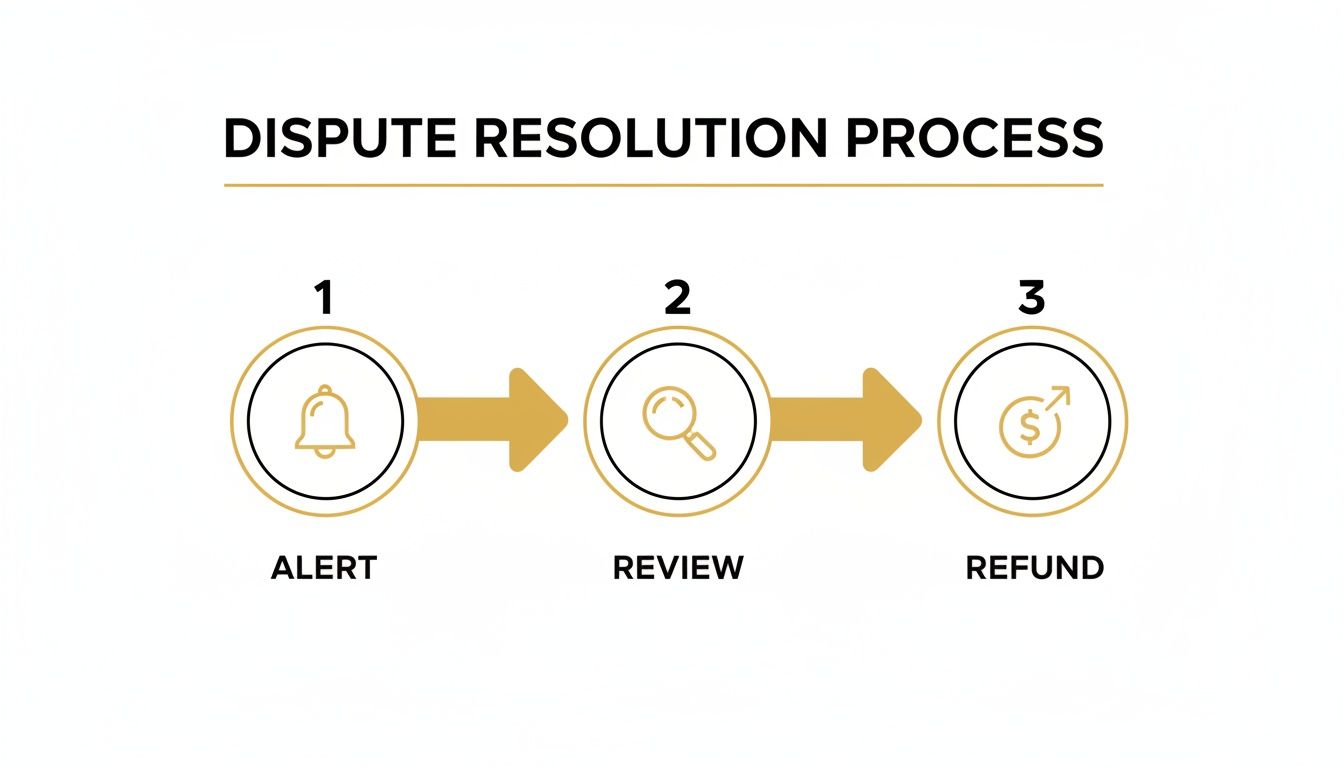 A three-step dispute resolution process diagram: Alert (bell), Review (magnifying glass), and Refund (money).