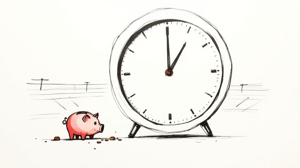 A hand-drawn illustration depicting a large clock next to a small piggy bank with scattered coins.