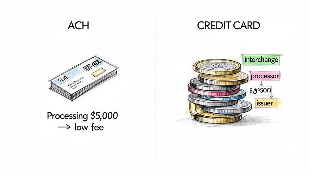 Visual comparison of ACH and credit card payment processing, highlighting ACH's low fee and credit card's multiple fees.