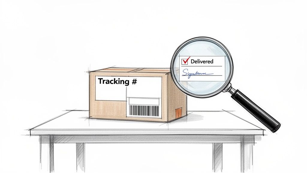 A package on a table with 'Tracking #' and a barcode. A magnifying glass shows 'Delivered' and a signature.