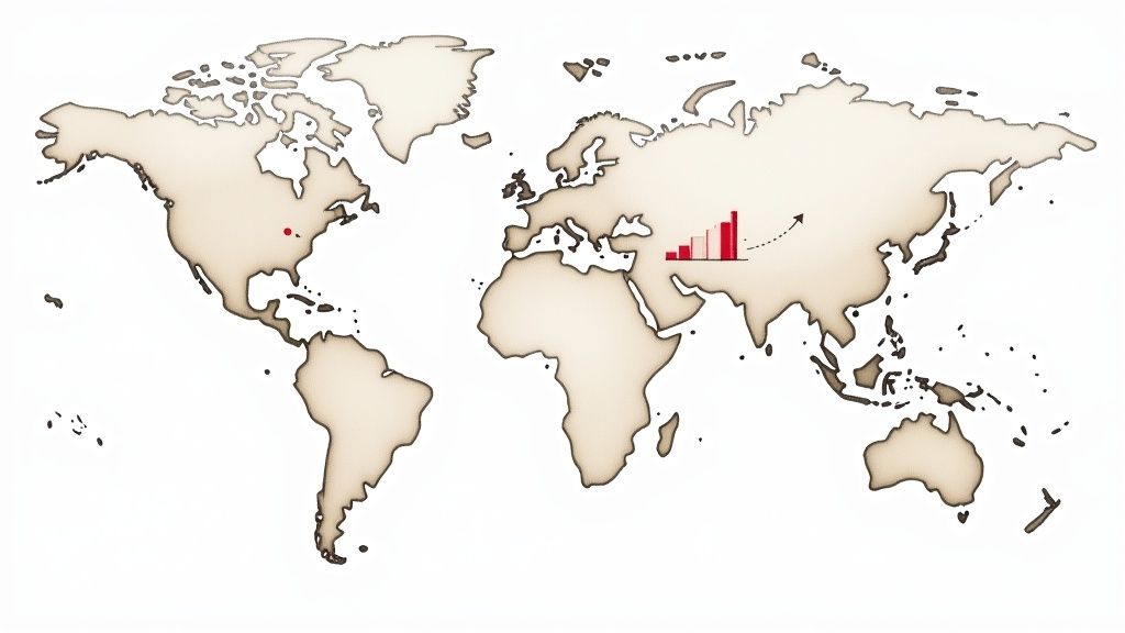 An antique-style world map with a red marker in North America and a growing bar chart in Eurasia.