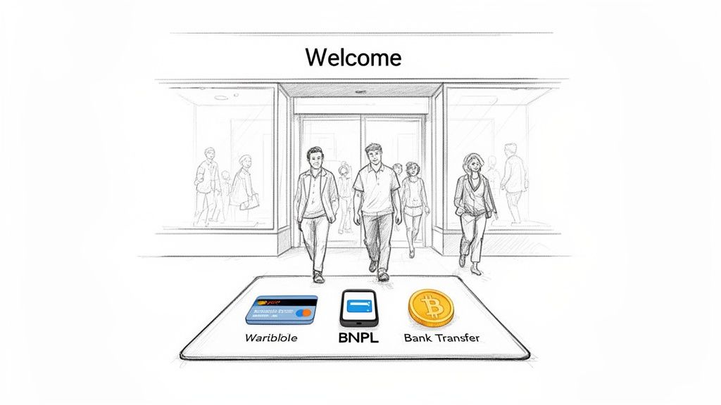 Sketch of people leaving a store, showing credit card, BNPL, and bank transfer as payment options.