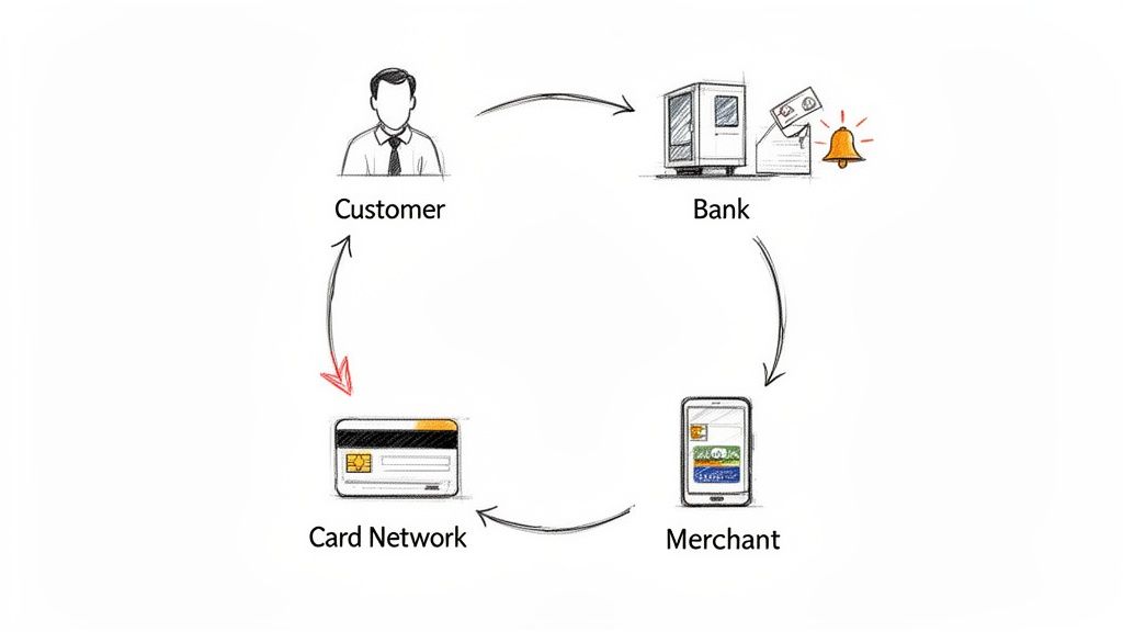 Diagram illustrating the credit card payment processing flow between customer, bank, merchant, and card network.