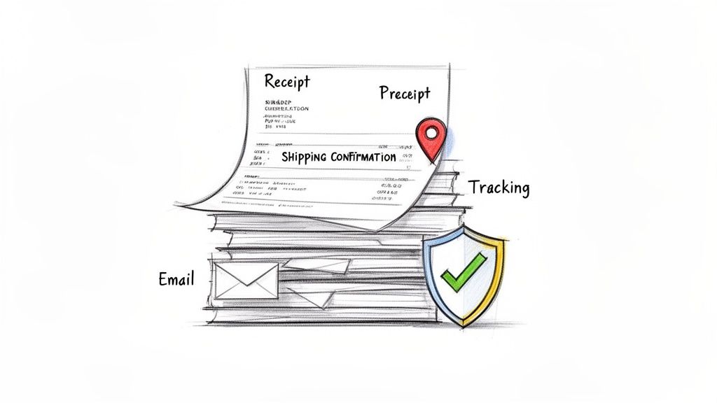 A sketch showing stacked receipts, shipping confirmation, email, tracking pin, and a security shield.
