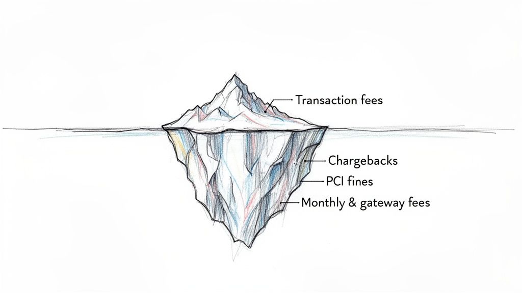 An iceberg diagram shows payment processing costs, with visible transaction fees and hidden chargebacks, PCI fines, and monthly gateway fees.