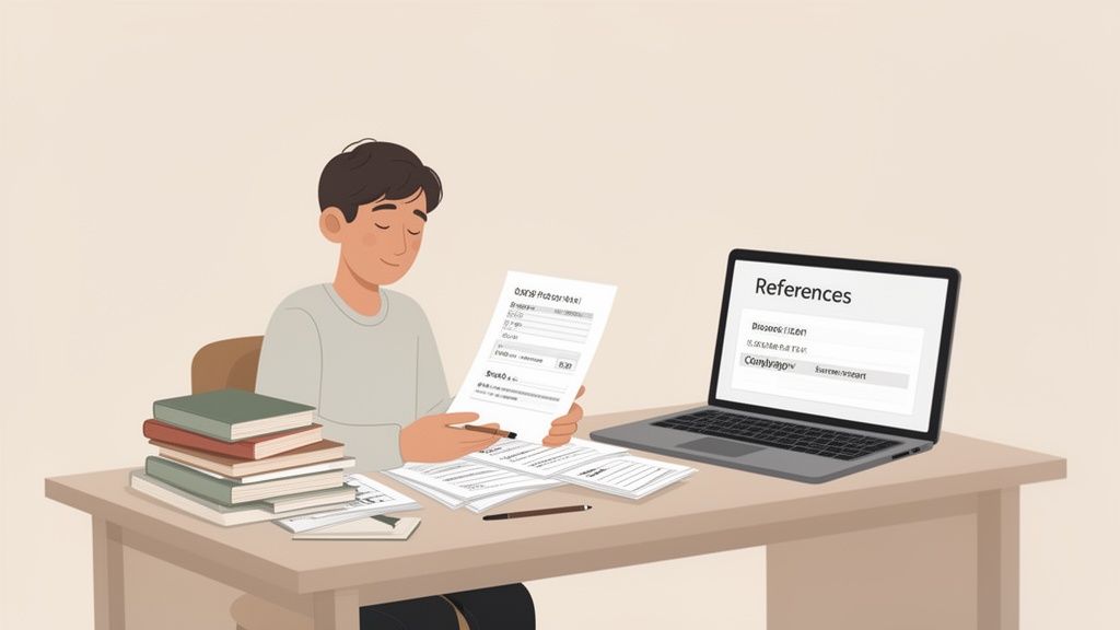 Un giovane studente esamina documenti e riferimenti con un laptop e libri sulla scrivania.