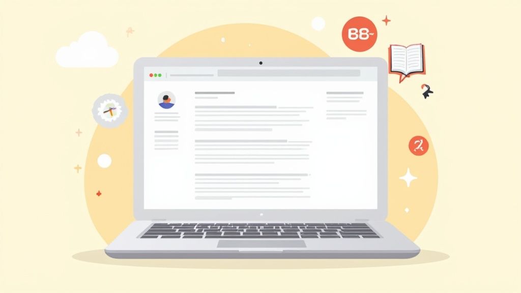 Illustrazione di un laptop aperto con una pagina web, circondato da icone di studio e lavoro.