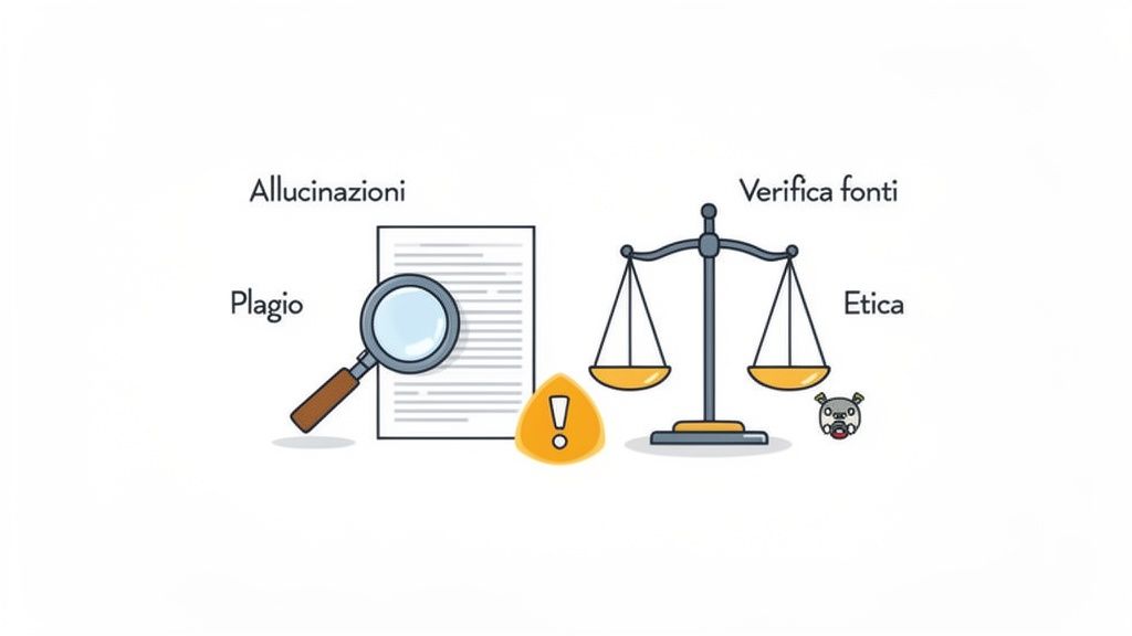 Un'illustrazione che confronta problemi come plagio e allucinazioni con soluzioni etiche e verifica delle fonti.