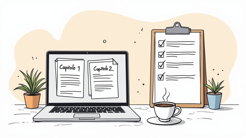 Scrivania ordinata con laptop che mostra 'Capitolo 1' e 'Capitolo 2', lista di controllo e caffè.