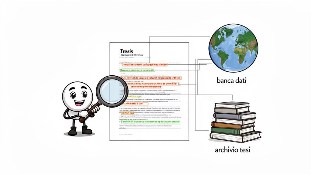 Illustrazione di un sistema di controllo antiplagio per tesi, con ricerca in banche dati e archivi, enfatizzata da una lente d'ingrandimento.