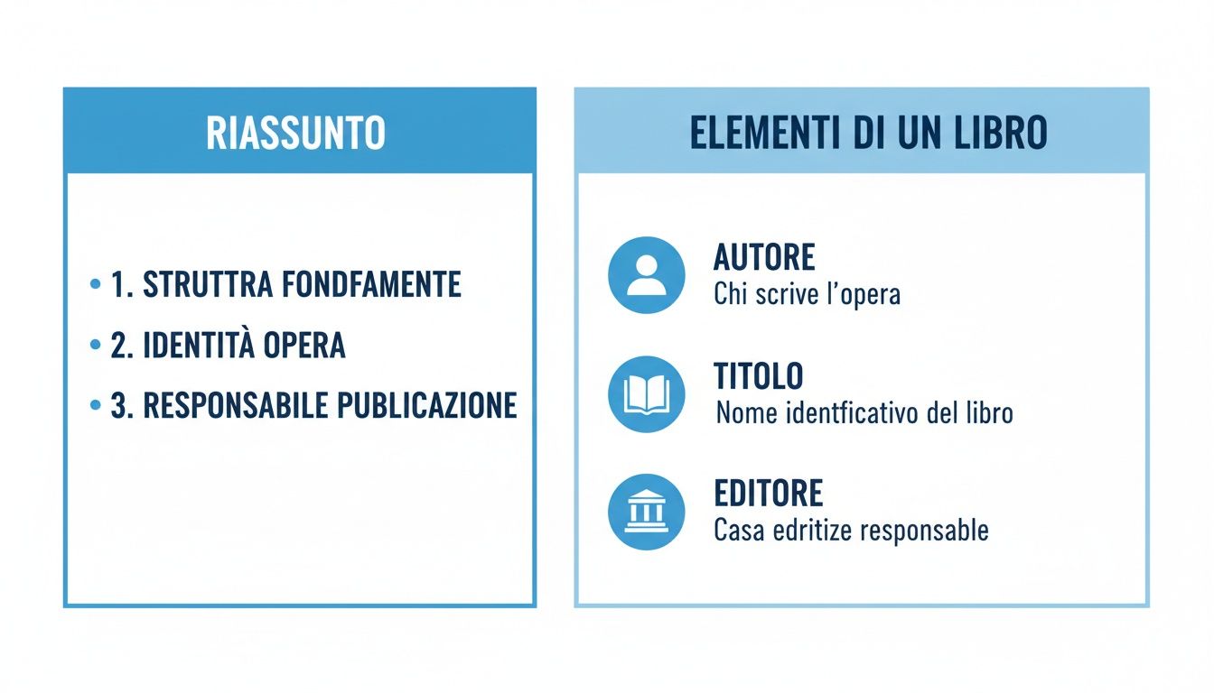 Due schede informative elencano gli elementi essenziali di un libro: struttura, identità, responsabile pubblicazione, autore, titolo ed editore.