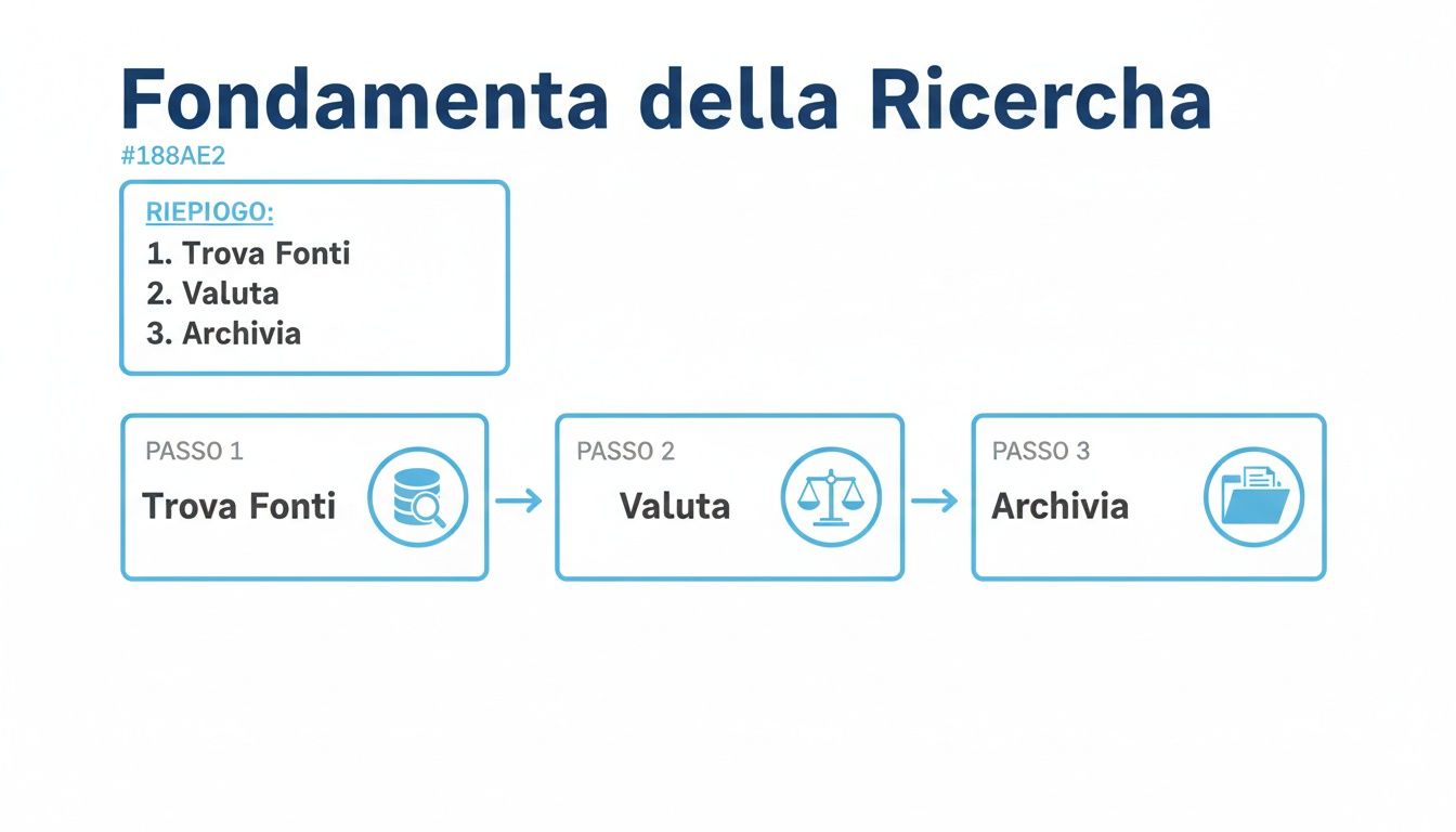Diagramma di flusso che illustra le fasi fondamentali della ricerca: trovare fonti, valutarle e archiviarle.