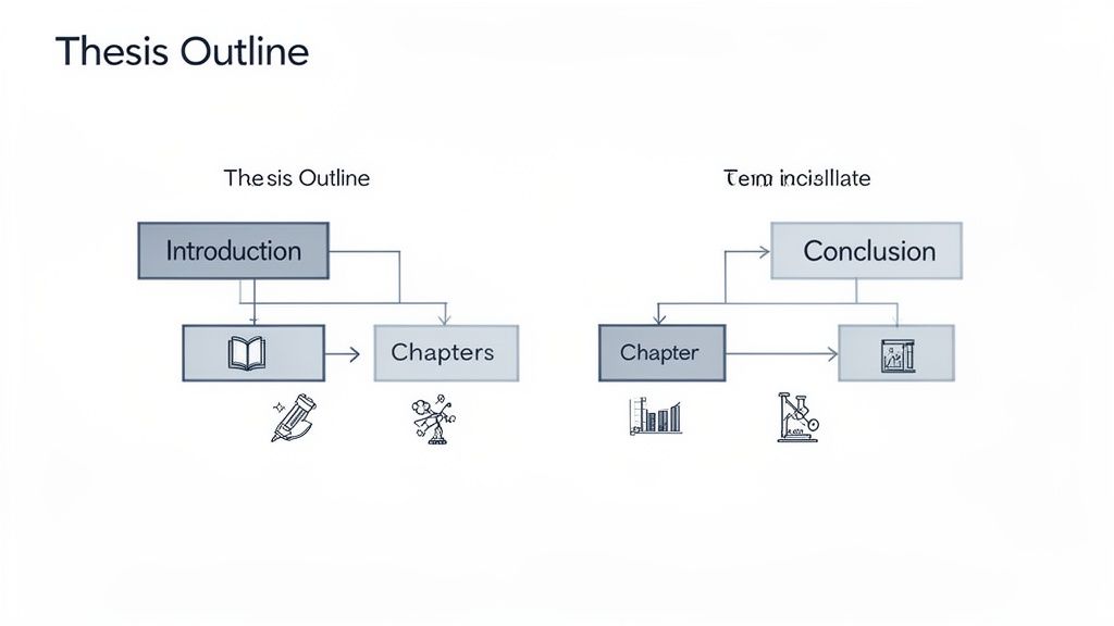 Diagramma di flusso che illustra la struttura di una tesi, dalla prefazione ai capitoli e conclusione, con icone esplicative.