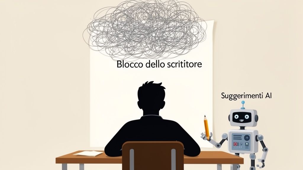 Un individuo affronta il blocco dello scrittore, mentre un robot amichevole offre suggerimenti basati sull'IA.