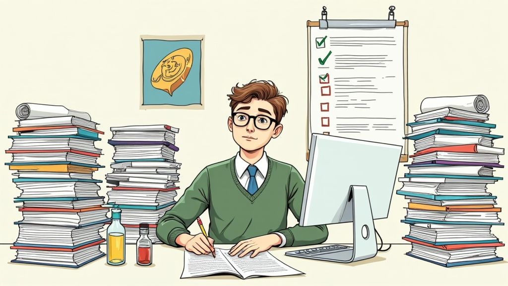 Giovane studioso con occhiali siede alla scrivania, circondato da pile di libri e documenti.