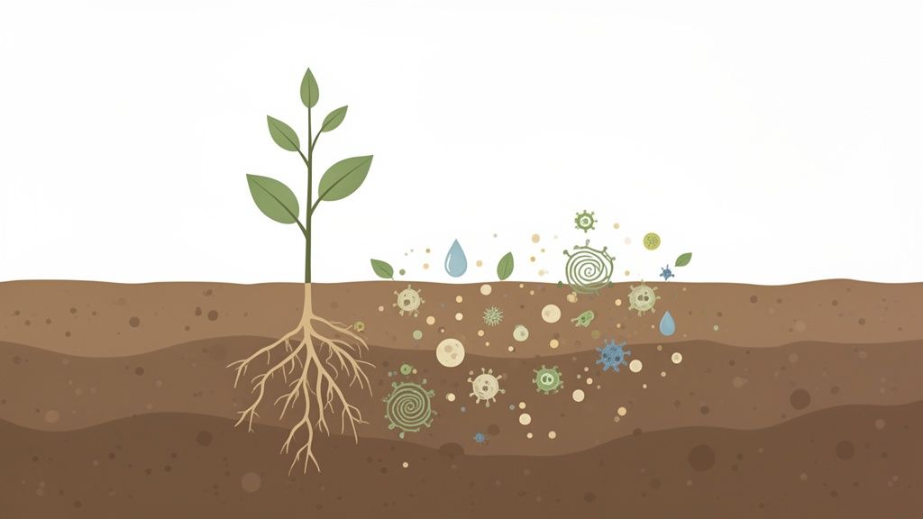 Illustrazione di una pianta con radici nel terreno, microrganismi, acqua e foglie che simboleggiano la vita del suolo.