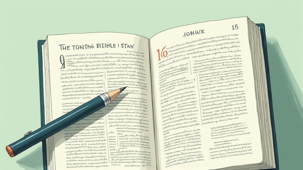 Un libro antico aperto, probabilmente una Bibbia, con testo incomprensibile e una penna poggiata sopra.