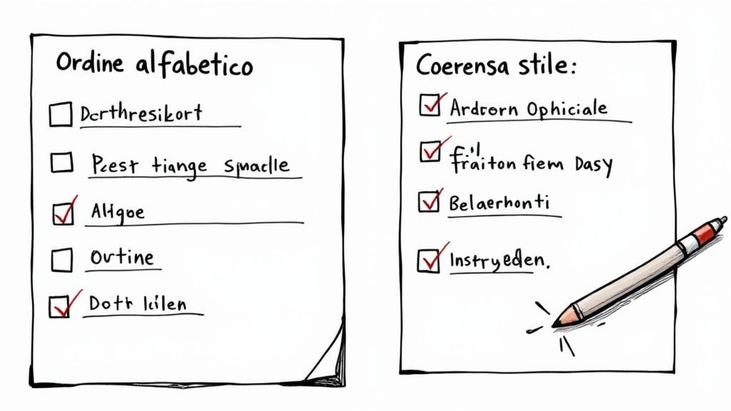 Una persona usa una checklist su un tablet per controllare la bibliografia di una tesi, con libri e un laptop sullo sfondo.