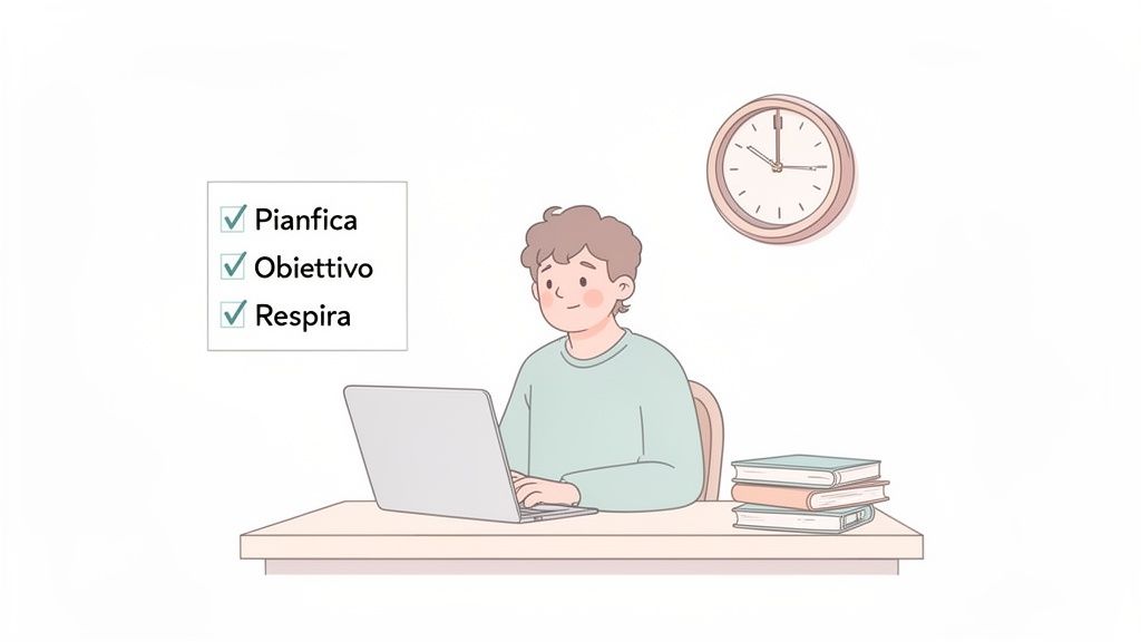 Illustrazione di uno studente che pianifica e lavora al computer, con libri e un orologio, seguendo una checklist per la tesi.