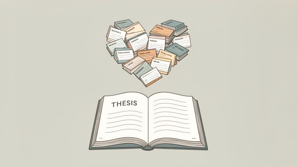 Un libro aperto con 'THESIS' e un cuore di libri e appunti, simboleggiando la ricerca accademica.