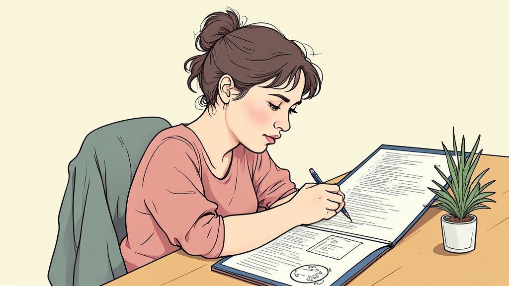 Donna che scrive e studia documenti alla scrivania con penna e quaderno