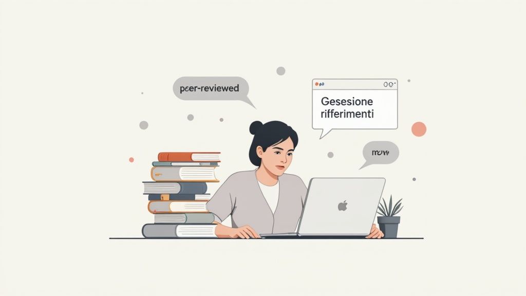 Donna al laptop con libri e fumetti di testo su ricerca e revisione, ideale per tesi.