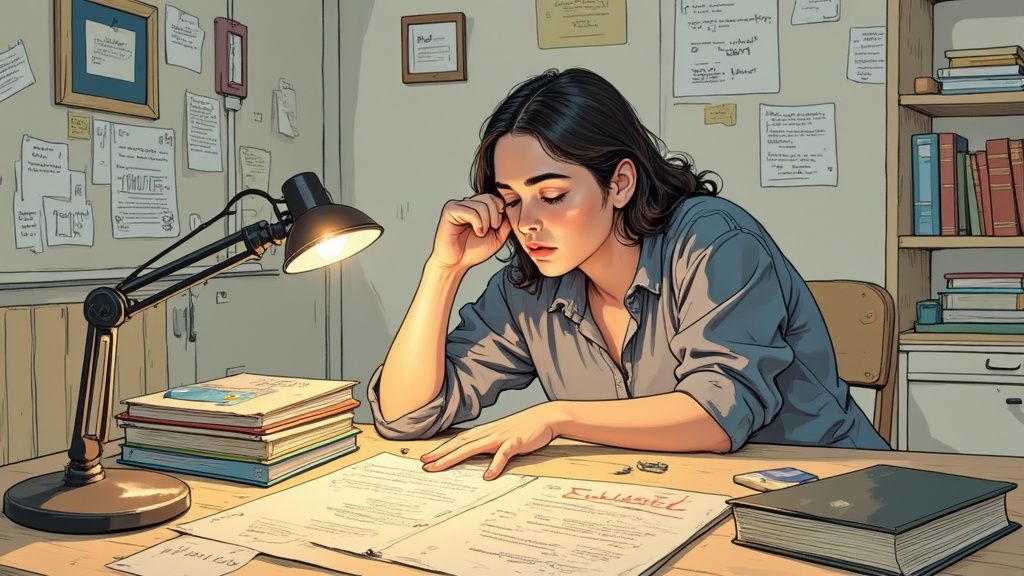 Studentessa sorridente lavora alla tesi di laurea al computer
