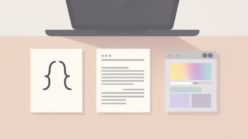 Vista dall'alto di un laptop e tre documenti che rappresentano codice, testo e design grafico su una scrivania.