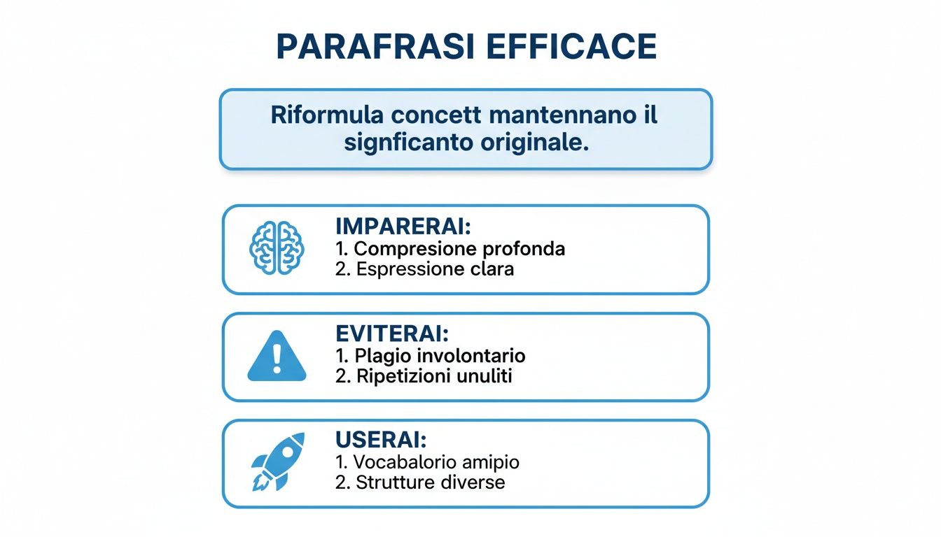 Infografica sulla parafrasi efficace in italiano, con benefici, cose da evitare e strumenti da usare.