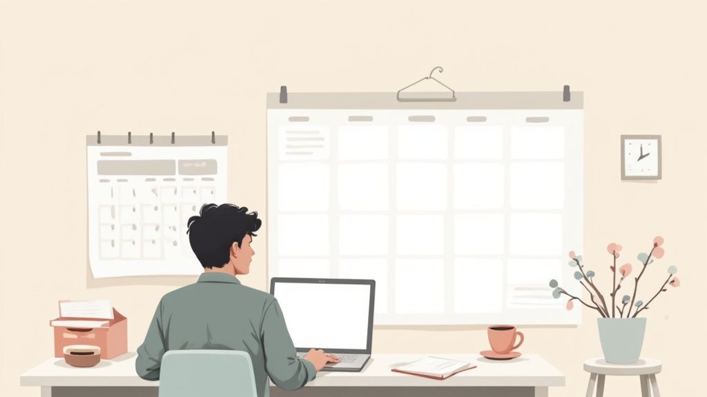 Una studentessa sorridente seduta a una scrivania con un laptop, circondata da libri, mentre scrive la sua tesi di laurea.