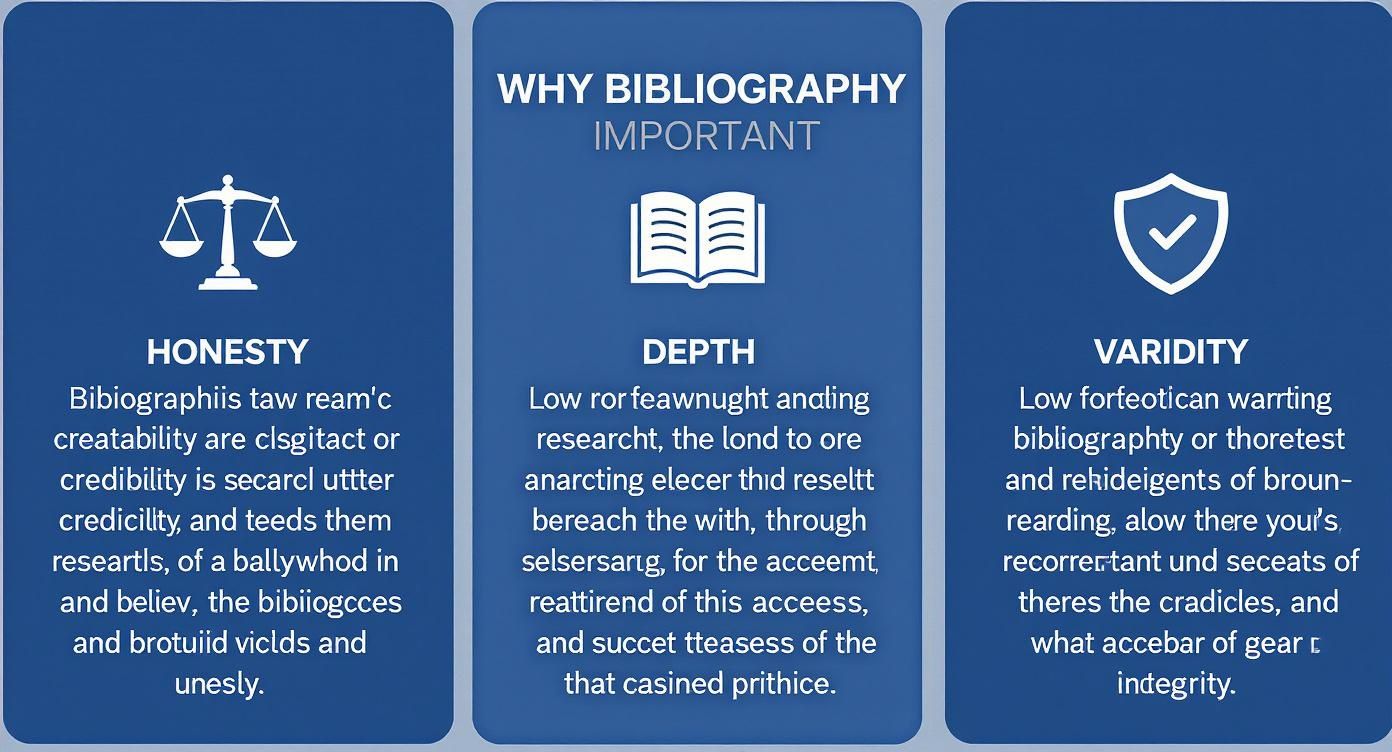 Infografica che mostra i tre pilastri di una bibliografia: Onestà (icona bilancia), Profondità (icona libro aperto) e Validità (icona scudo)