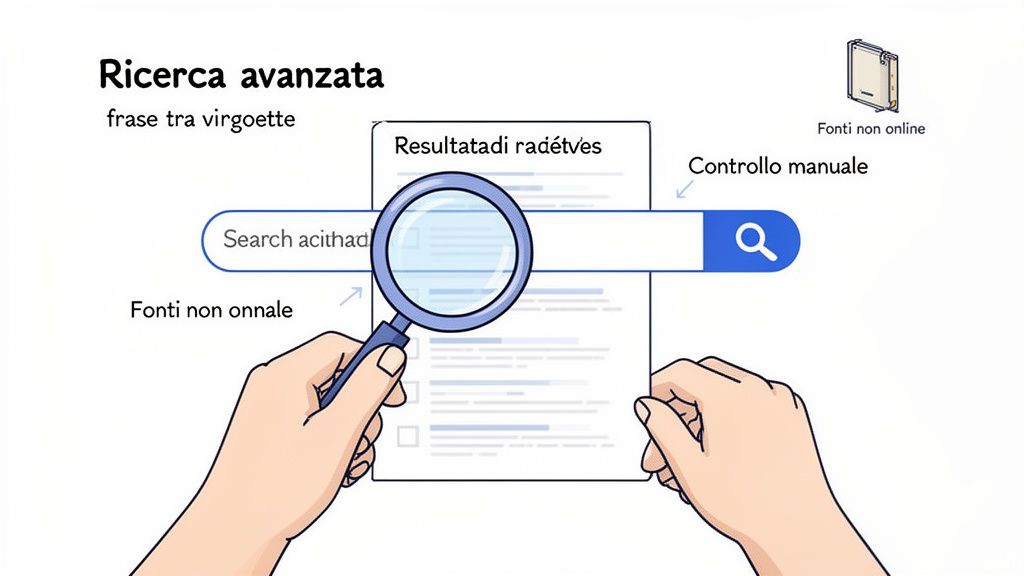 Illustrazione di una ricerca avanzata, con una lente d'ingrandimento che esamina risultati e fonti non online per un controllo manuale.