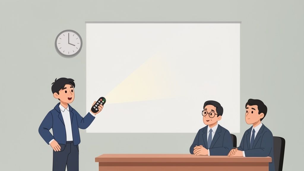 Un uomo presenta con un telecomando su uno schermo bianco, mentre due colleghi guardano attentamente.