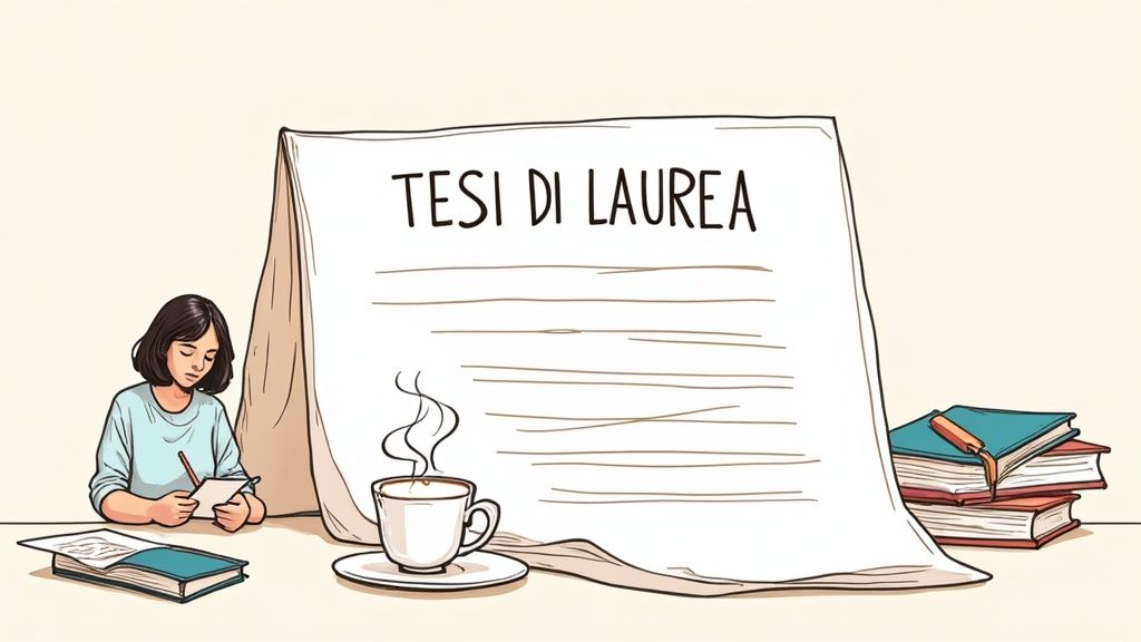 Uno studente guarda un laptop con un'espressione pensierosa, simbolo della sindrome da pagina bianca.