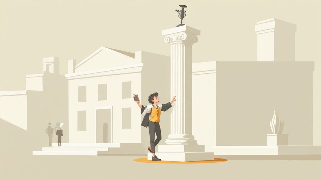 Donna con libro indica una colonna con vaso, sullo sfondo edifici e persone. Illustrazione accademica.