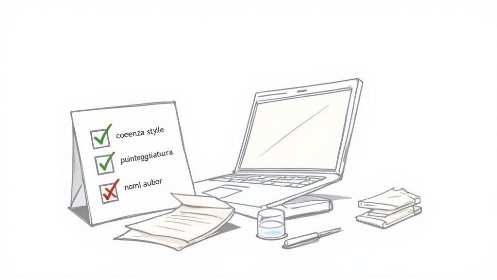 Scrivania stilizzata con checklist per correzione di testi, laptop, fogli e penna.