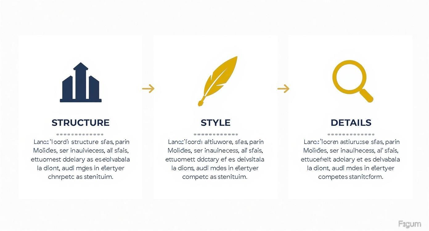 Rappresentazione visiva di un processo a tre fasi: struttura, stile e dettagli, con icone e frecce.