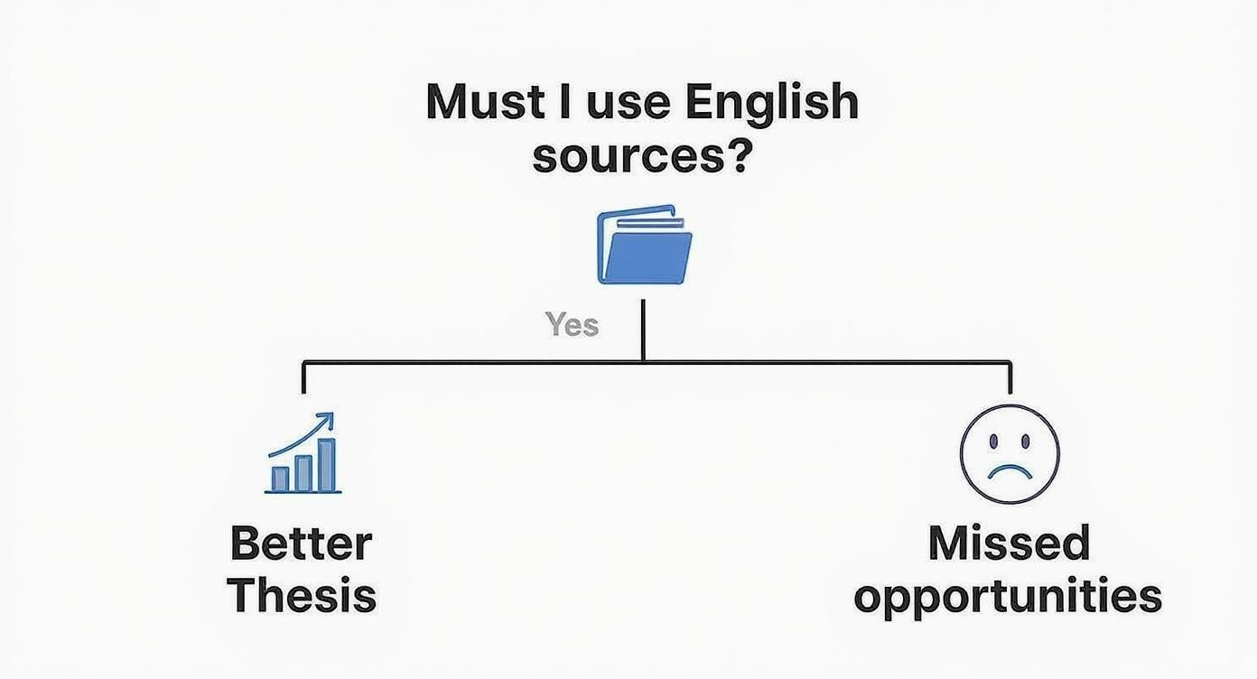 Diagramma di flusso che mostra come usare fonti inglesi porta a una tesi migliore, altrimenti si perdono opportunità.