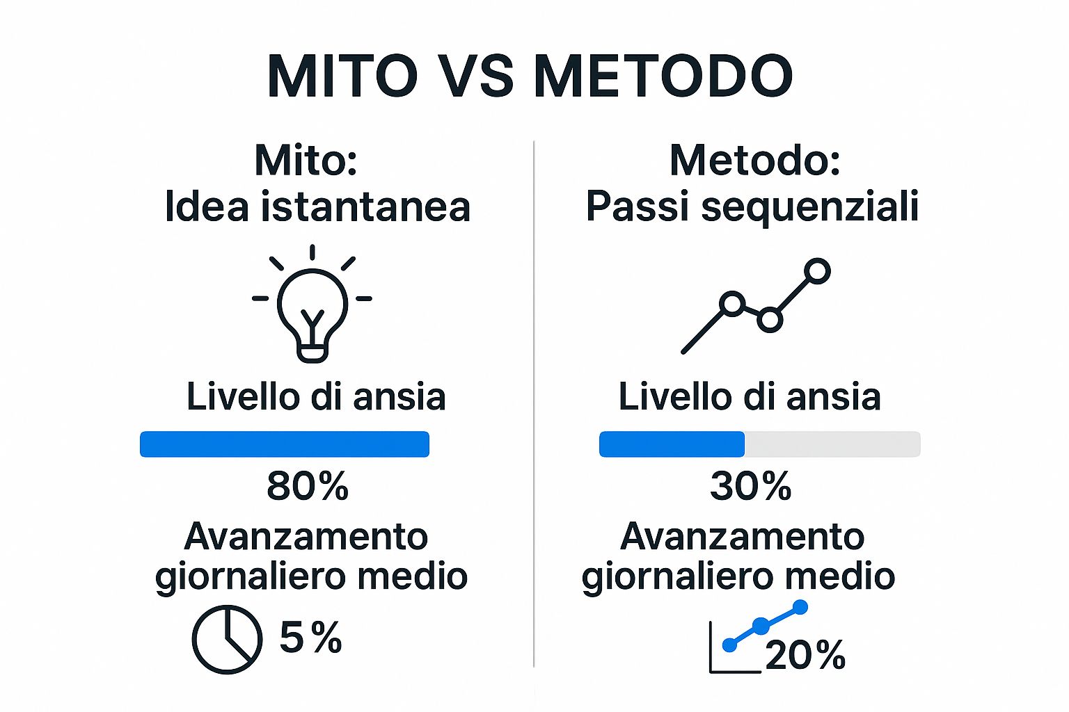 Infografica che confronta il mito dell'idea istantanea con il metodo dei passi sequenziali per iniziare la tesi, mostrando una riduzione dell'ansia e un aumento dell'avanzamento giornaliero.