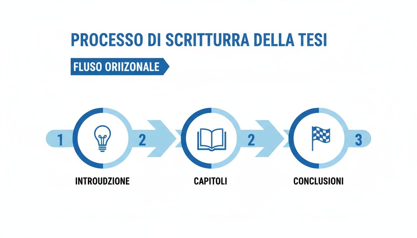 Diagramma del processo di scrittura di una tesi, mostrando introduzione, capitoli e conclusioni con icone e numeri sequenziali.