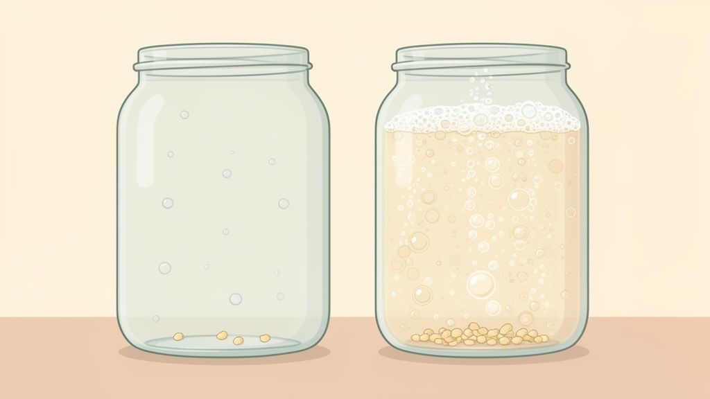Due barattoli di vetro mostrano la trasformazione di semi in una bevanda spumosa.