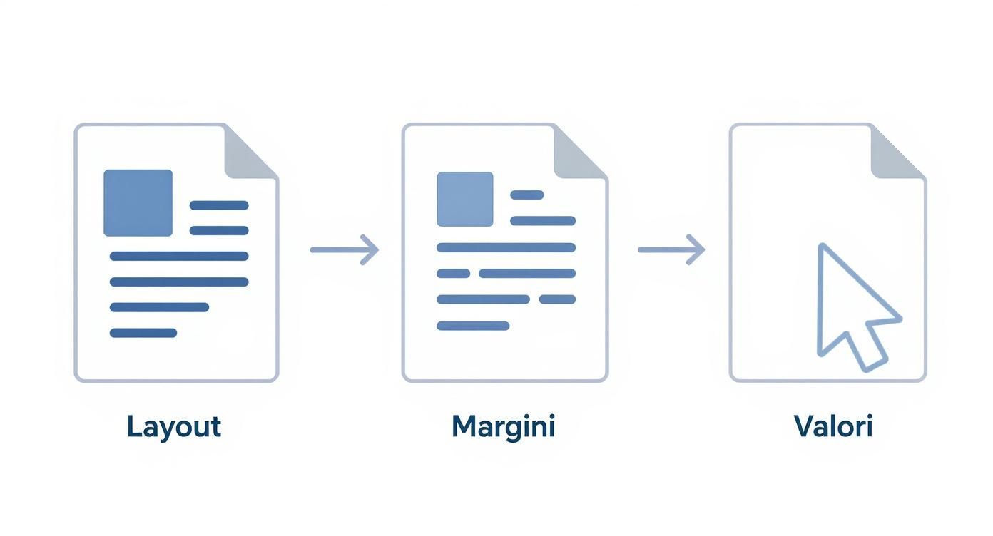 Infografica che illustra il processo in tre passaggi per impostare i margini di una tesi.