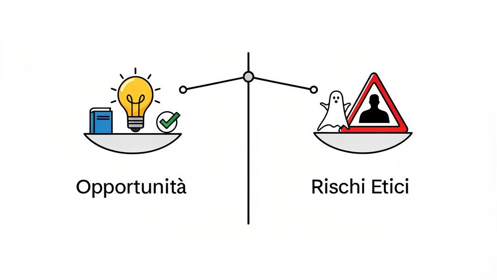 Bilancia in equilibrio che confronta opportunità (idea, conoscenza) con rischi etici (pericolo, incertezza).